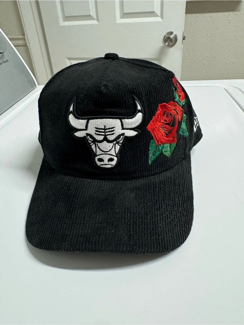 New Era Black Corduroy Chicago Bulls Cap with Red Rose Embroidery